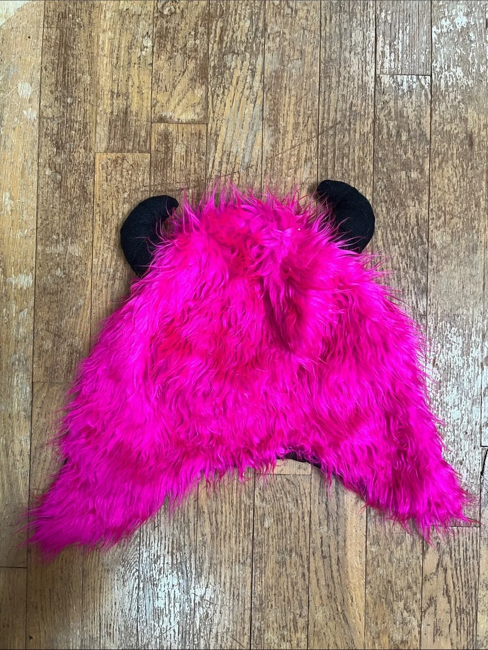 Kids Pink Furry Monster Hooded Costume Hat with Black Horns